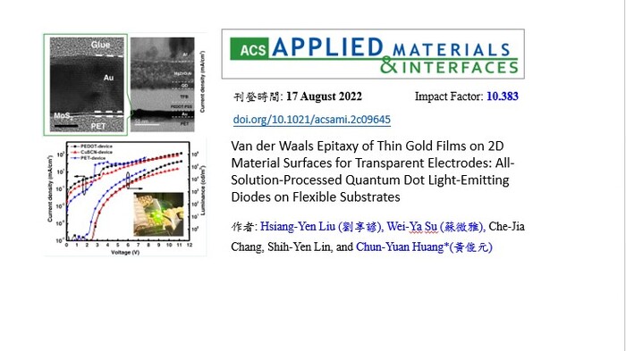 Van der Waals Epitaxy of Thin Gold Films on 2D Material Surfaces for Transparent Electrodes: All-Solution-Processed Quantum Dot Light-Emitting Diodes on Flexible Substrates